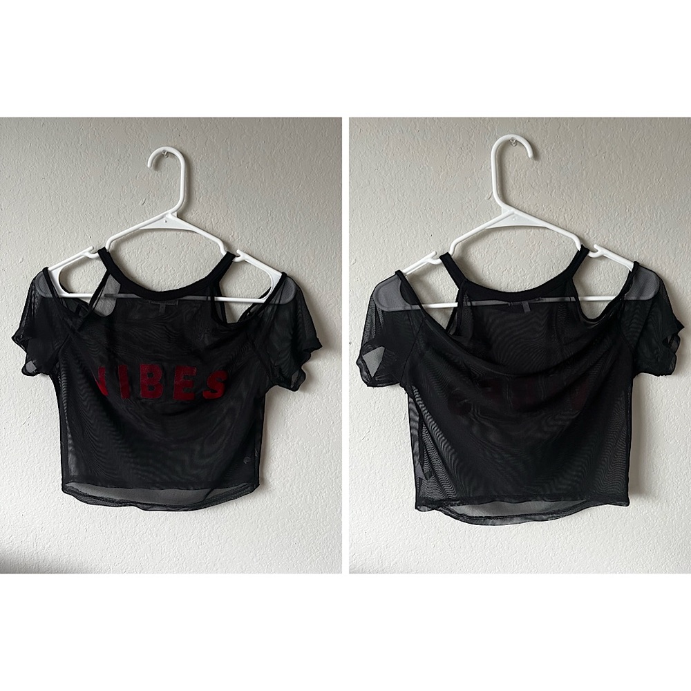See-through “VIBES” off-the-shoulder Crop Top